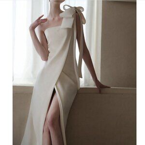 French Style Satin Column Maxi Dress with High Slit